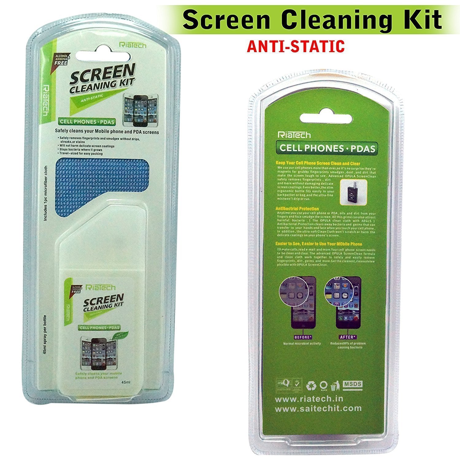 RiaTech Eco-Friendly 2 in 1 screen cleaning kit with Anti Bacterial microfiber cloth removing harmful germs for mobile phones and laptops.