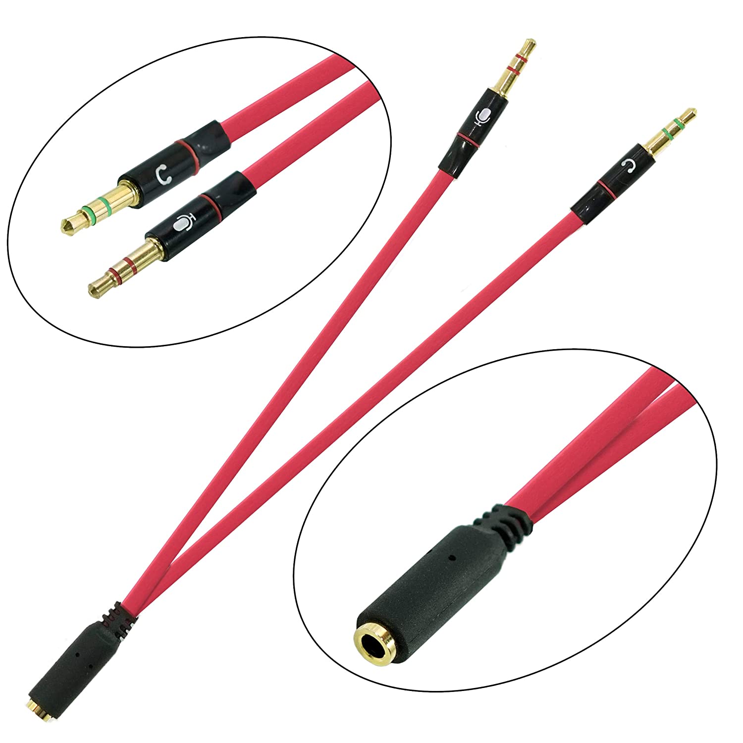 RiaTech Gold Plated 2 Male to 1 Female 3.5mm Headphone Earphone Mic Audio Y Splitter Cable for PC Laptop – Red